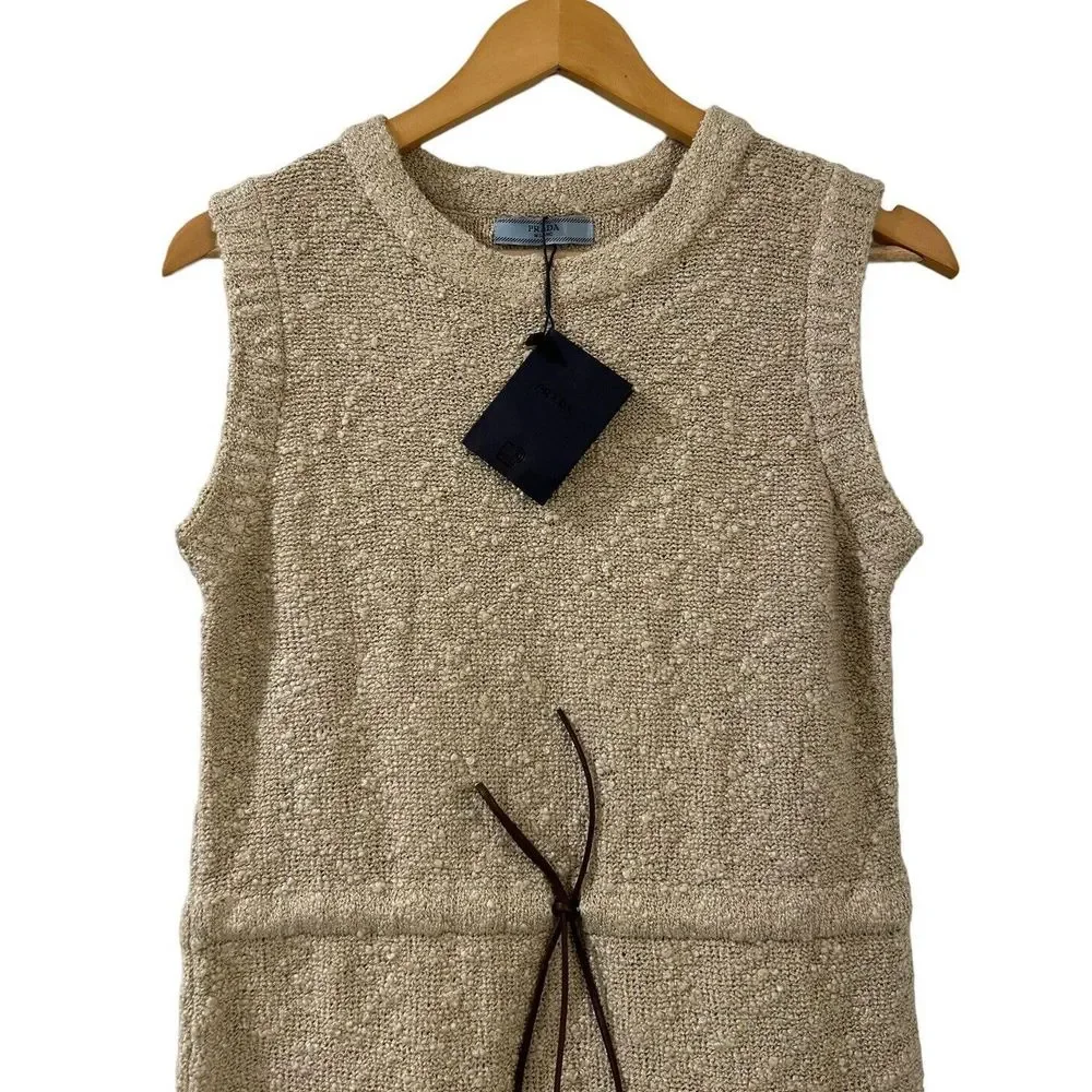 PRADA Boucle Drawstring Mini Dress NWT Small Oatmeal Brown Authentic New - Picture 3 of 16